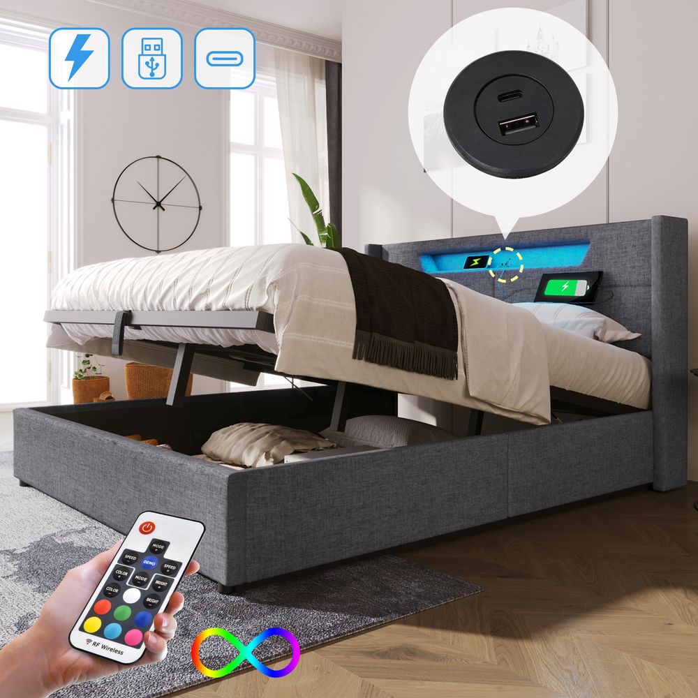 MODFU Boxspringbett Hydraulisches 140 x 200 cm mit LED-Beleuchtung, Polsterbett Funktionelles mit USB-Ladeanschluss, Doppelbett Stauraumbett mit Bettkasten Stauraum, Leinenmaterial Grau(Ohne Matratze)