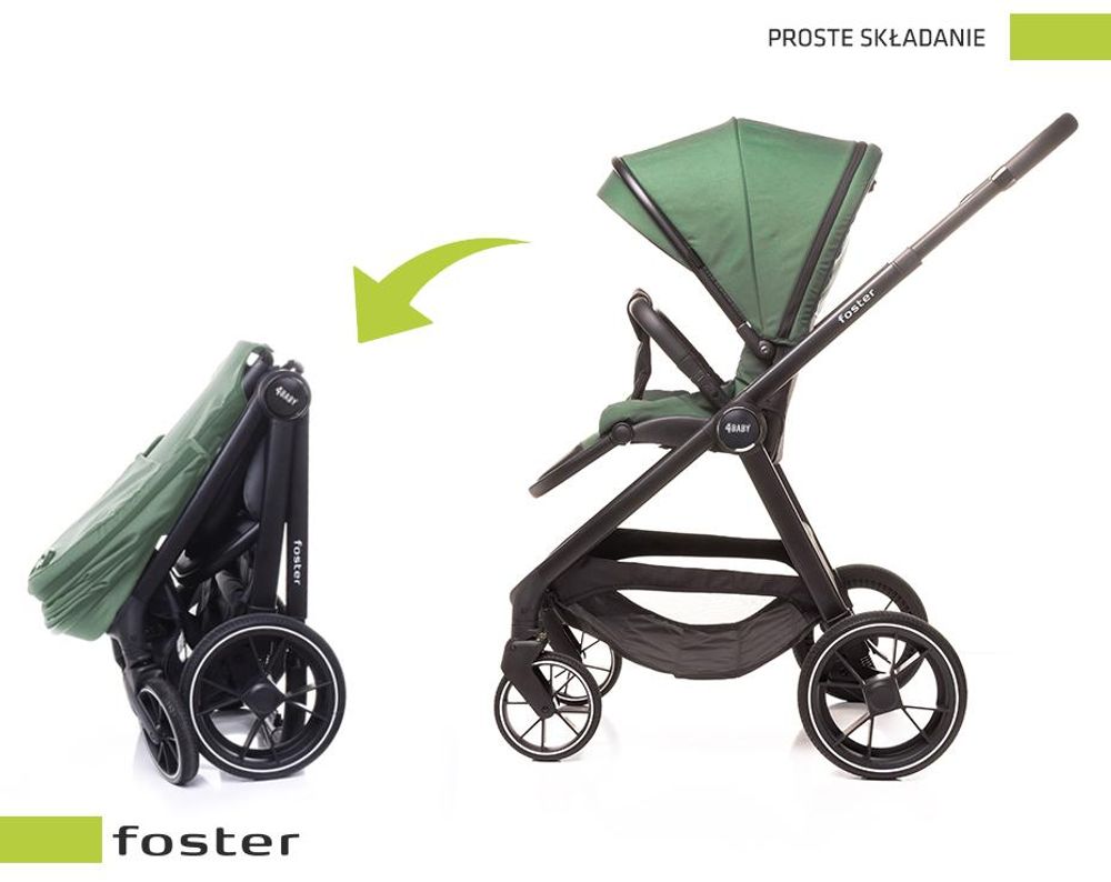 4Baby | Wózek spacerowy - Zielony - Obrotowe siedzisko - Lekki - Do użytku w mieście i w terenie - Składany jedną ręką - Do 22 kg - Foster