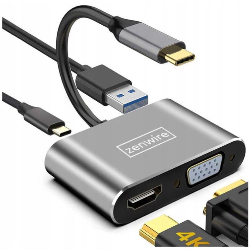 Przejściówka - Hub USB-C 4 w 1 - HDMI 4K - VGA Full HD - USB 3.0 - PD 87W - Adapter wieloportowy