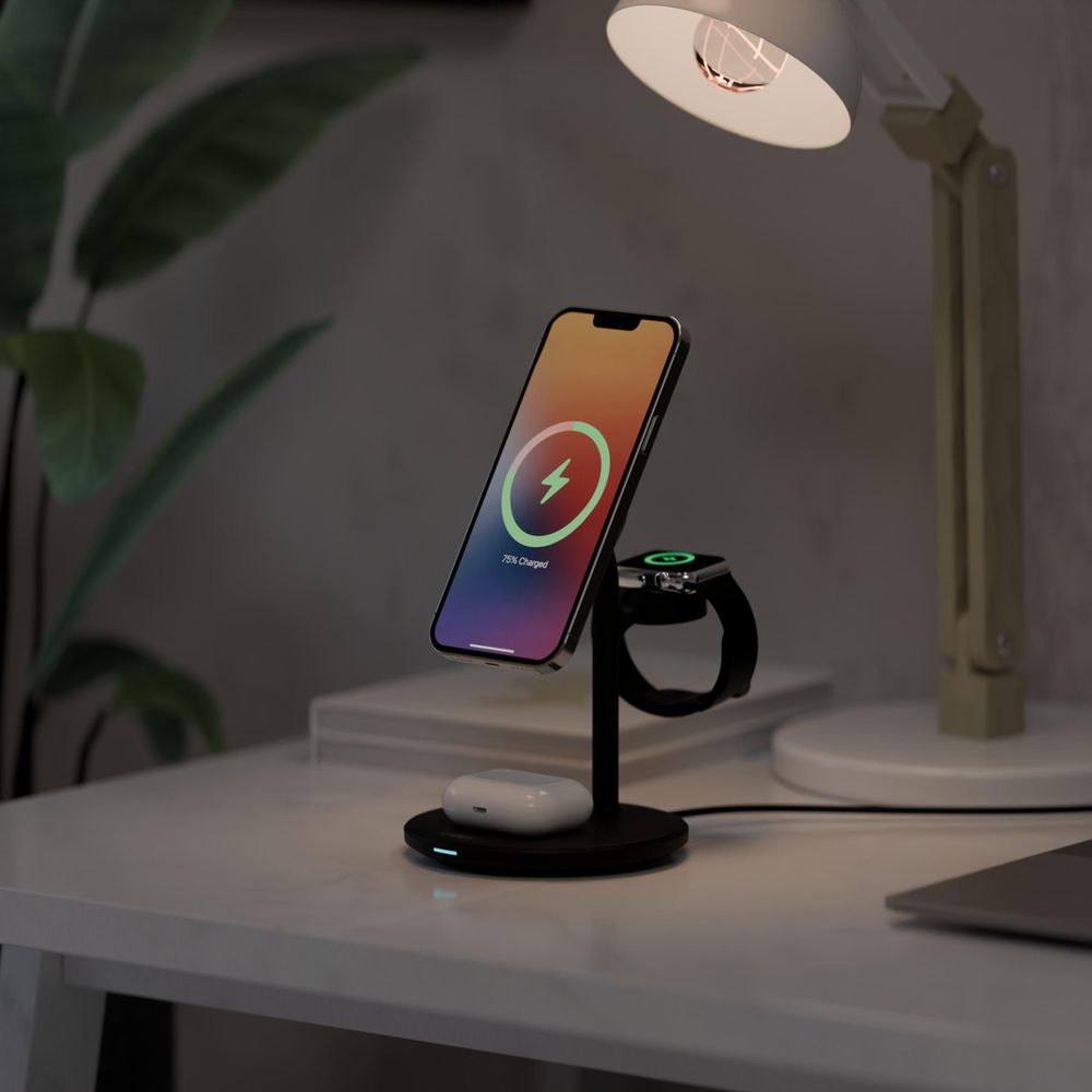 CHEROY PowerTrio 3-in-1 Draadloze Oplader - 15W Qi Oplaadstation - Geschikt voor MagSafe iPhone, Apple Watch, AirPods - Zwart