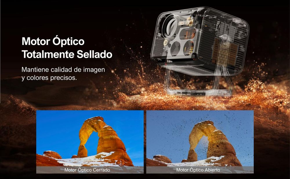 Proyector ULTIMEA Nova C40 con decodificación 4K y Android TV 11.0. Proyector con relación de contraste 1000:1, audio Dolby, 900 lúmenes ANSI, HDR10 y HLG, y diseño de gimbal de 90° que permite una instalación sin necesidad de soportes