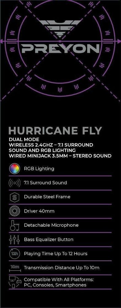 PREYON Hurricane Fly Gaming Headset Wireless Kabellos Kopfhörer mit Mikrofon 7.1 Surround Sound PC PS5 Headset USB 3,5mm Klinke RGB Beleuchtung 12 h