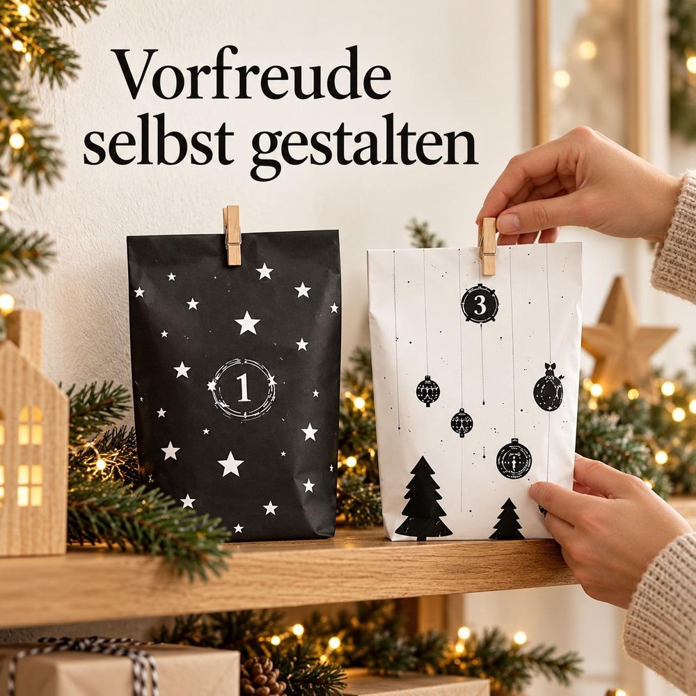 Erwachsene Person arrangiert schwarz-weiße Adventskalendertüten