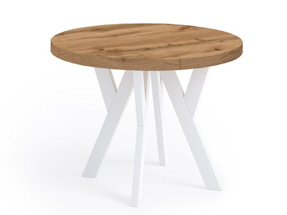 Runder Ausziehbarer Tisch für Esszimmer, PERO, Loft-Stil, Skandinavische, Durchmesser: 90 / 140 cm, Farbe: Eiche Wotan / Weiß