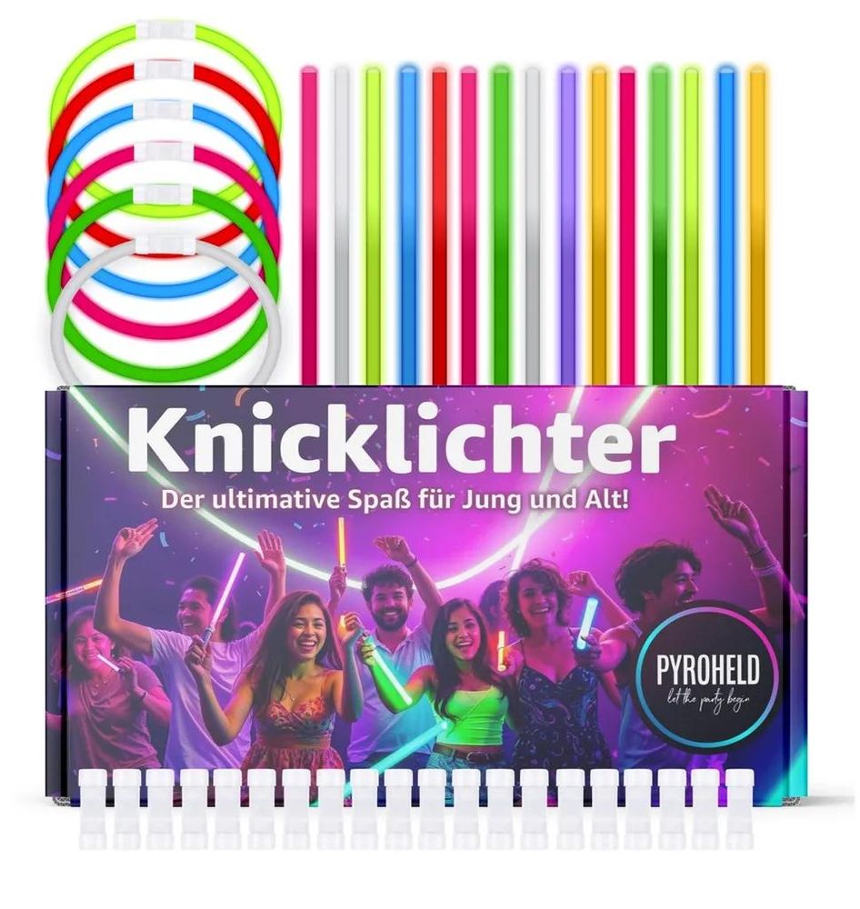 Bunte Knicklichter und Verbinder mit PYROHELD-Verpackung und Armbandbeispielen