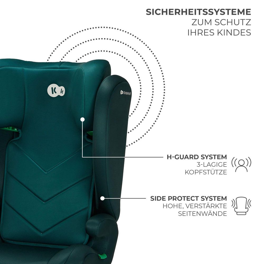 Kinderkraft I-SPARK 2in1 Kindersitz 100-150 cm (3,5-12 Jahre) - i-Size Standard - Leicht - H-GUARD Kopfstütze - SPS Seitenaufprallschutz - Grün