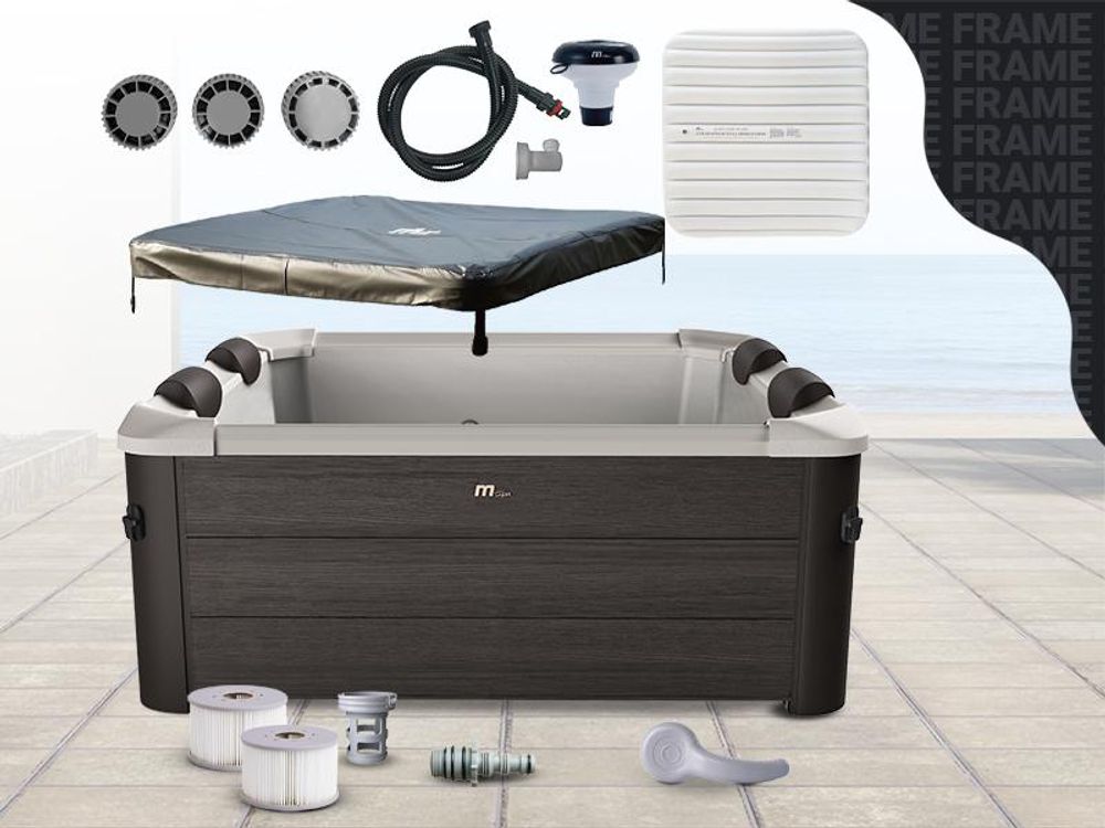 Miweba MSpa Outdoor Whirlpool Frame Tribeca | 6 Personen - App Steuerung - Holzoptik - Feste Außenwand - Jacuzzi - UVC+ - Winterfest - 160x160x65cm