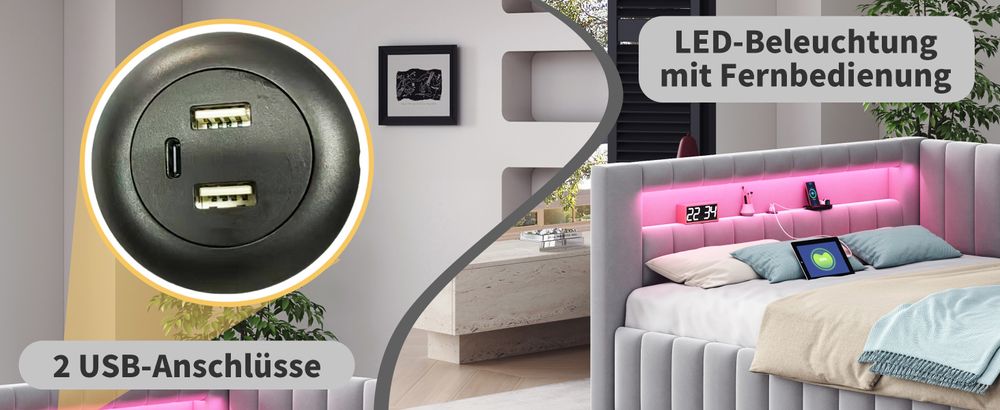 okwish Schlafsofa Polsterbett 140x200 Daybett mit LED-Licht und USB-Ladeanschluss, mit Rückenlehne und Kopfteil,Samtstoff,Hellgrau-Ohne Matratze