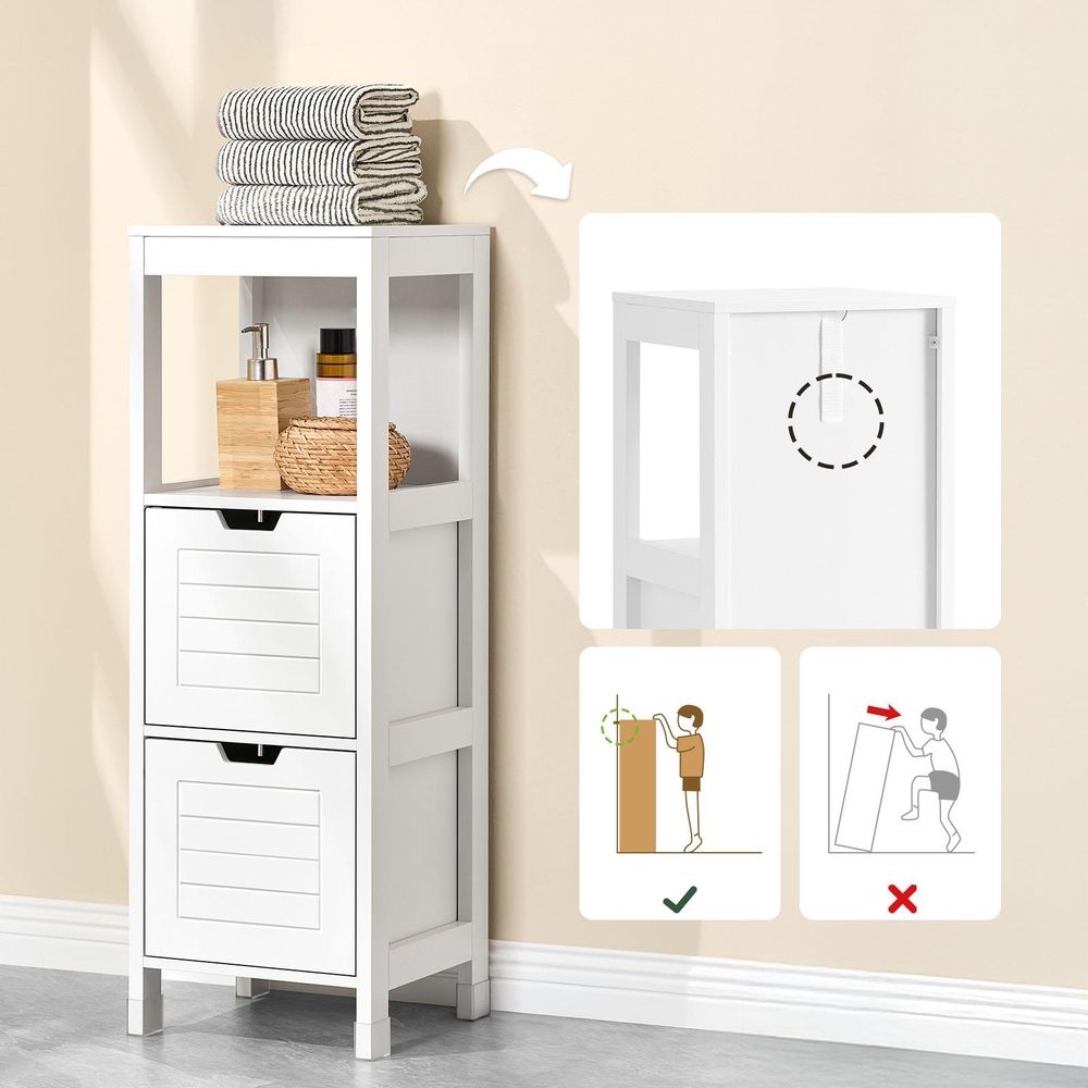 SoBuy Badezimmerschrank Kommode Schmaler Badezimmerregal mit 2 Körben Kompakter Badschrank für kleine Räume aus Holz, Stilvolle Badmöbel Weiß FRG127-W