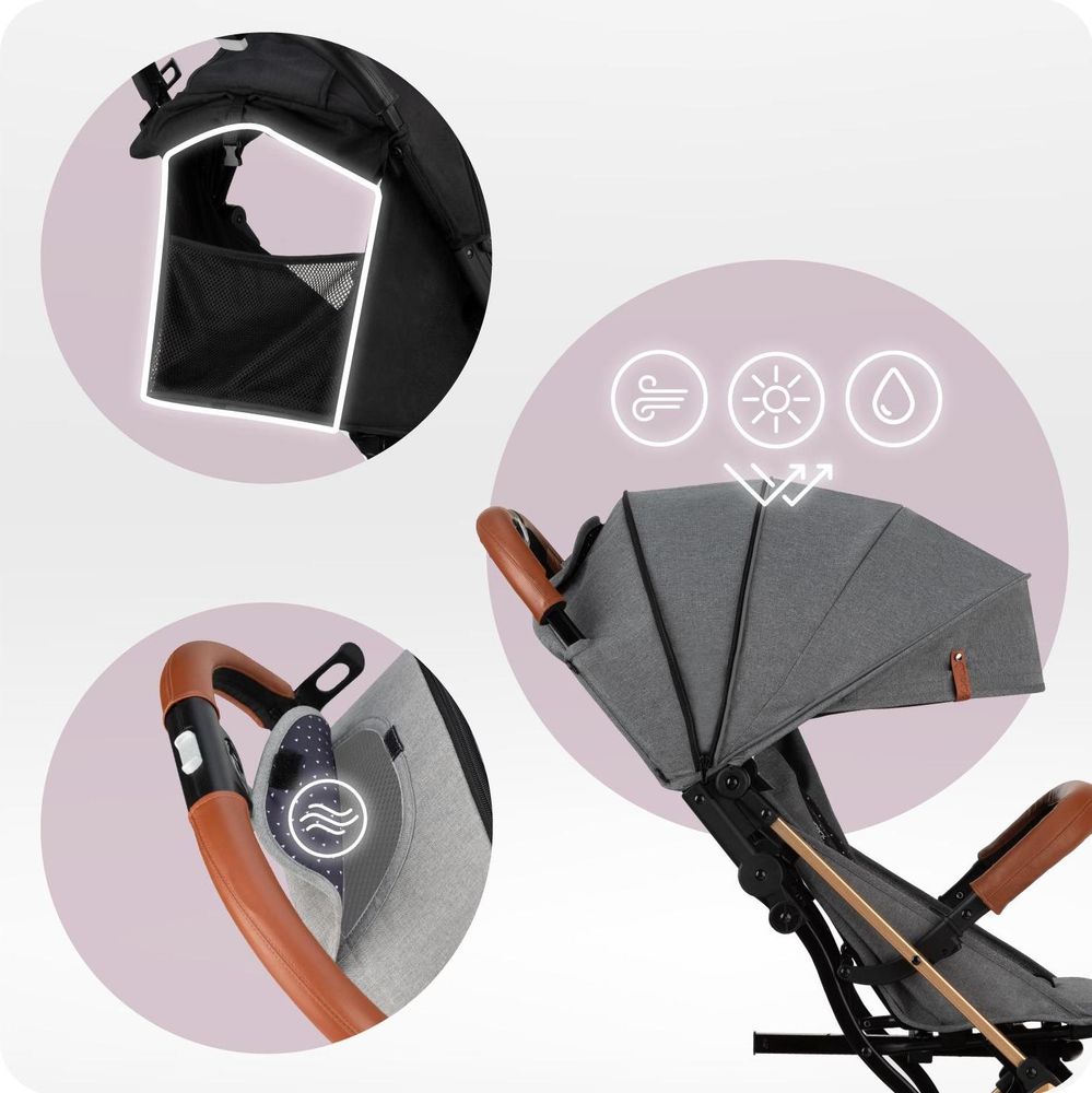 MoMi ESTELLE Buggy Kinderwagen - Leicht, Stoßdämpfung 4 Räder, Koffer - Grau-Gold