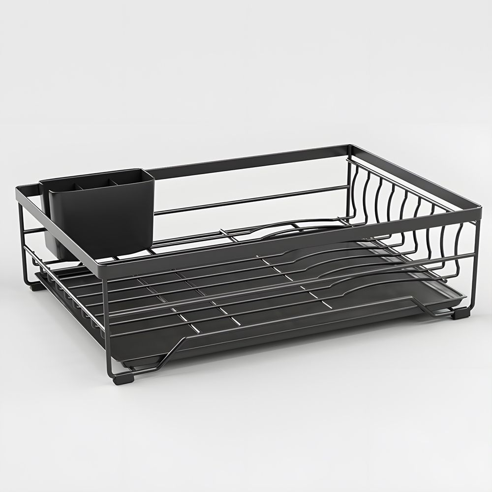 Geschirrabtropfgestell Abtropfgestell Geschirrstaender mit Auffangschale Abtropfgitter Geschirrkorb Dish Drying Besteckfach Schwarz 43,5x29x24 Retoo