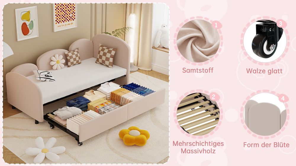 MODFU Kinderbett Polsterbett 90x200cm mit Ausziehbett，  Jugendbett Schlafsofa  90x190cm und Lattenrost, Samt gepolstert Daybed , Rosa(Ohne Matratze)