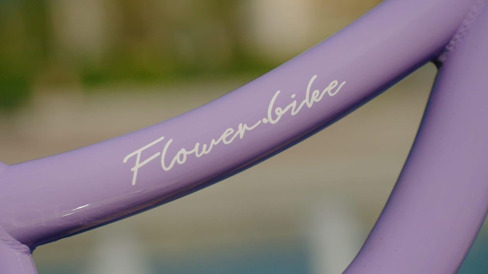 Detalle del cuadro lavanda con inscripción 'Flower.bike'.