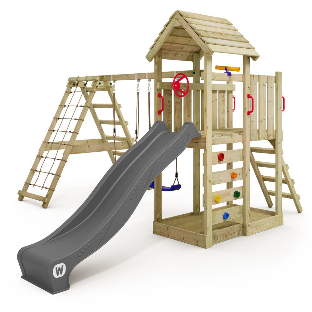 Spielturm Wickey RocketFlyer mit Schaukel und Kletteranbau in Anthrazit