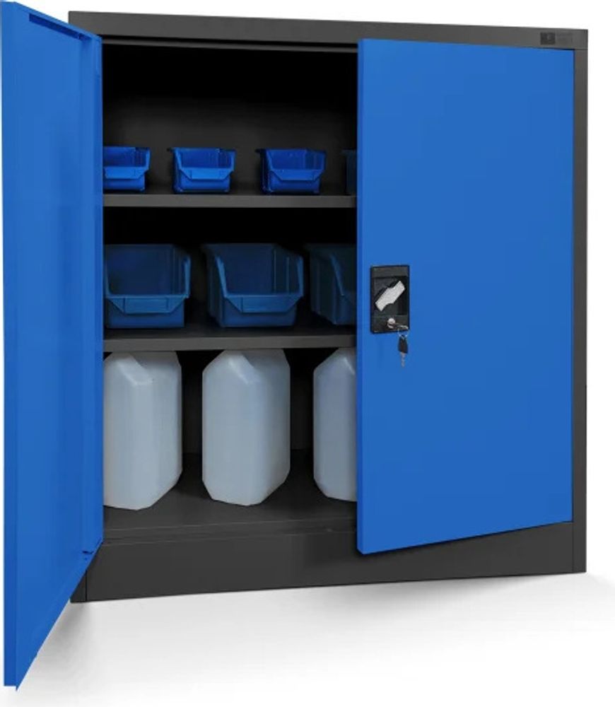 Kleiner Aktenschrank C001B Büroschrank mit Flügeltüren Metallschrank Lagerschrank Pulverbeschichtet Stahlblech 93 x 90 x 40 cm, Farbe: Anthrazit-blau