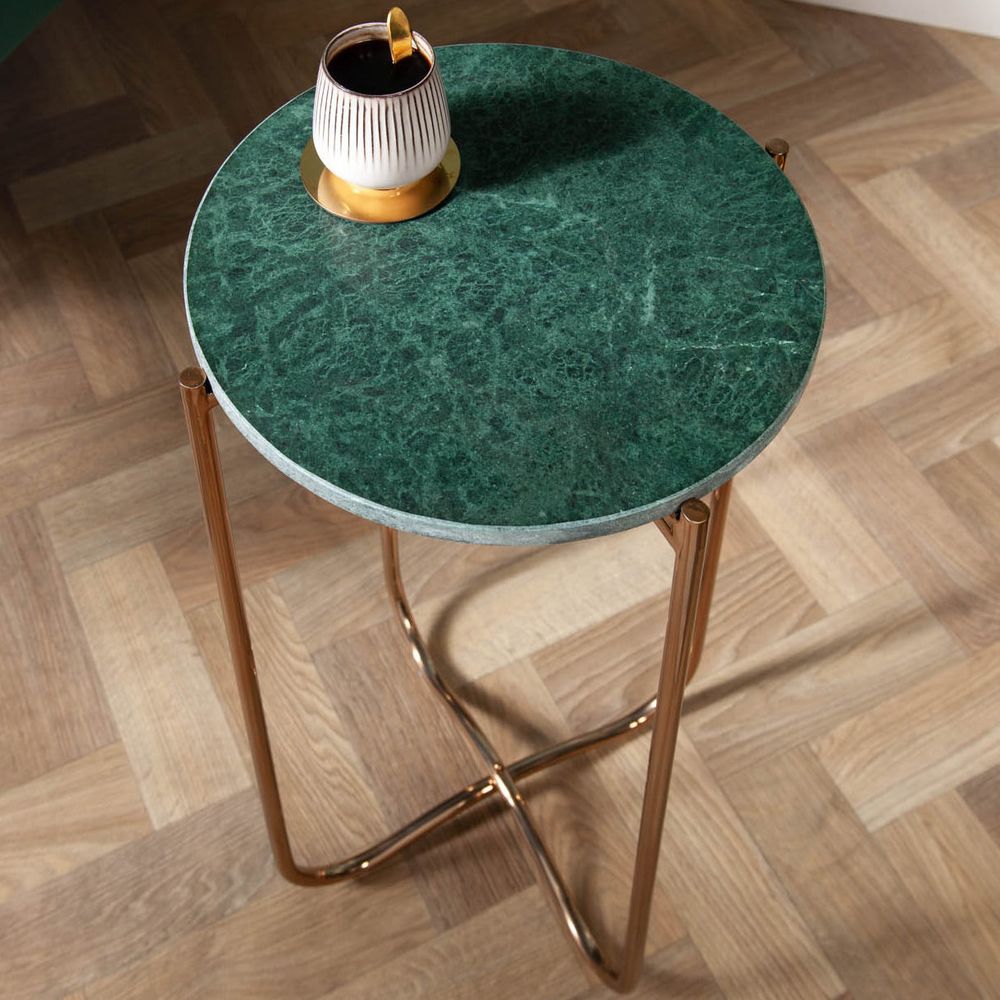 cagü: Design Beistelltisch [FLORENTIN] Grün aus Marmor mit Gold Gestell 35cm Durchmesser