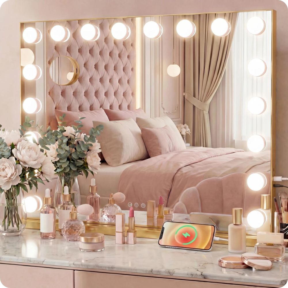 Gouden Hollywood make-up spiegel 58x48cm staand met 15 LED-verlichting, instelbare lichtkleur,