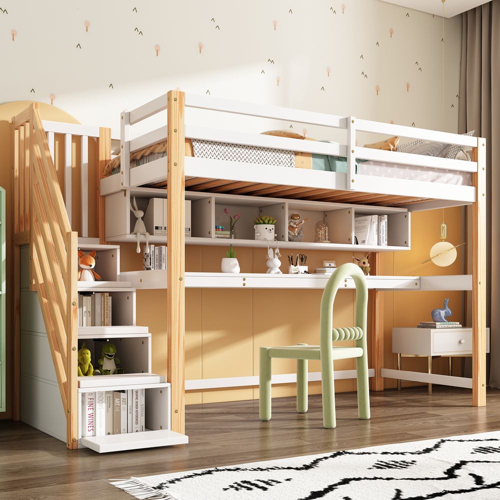 Merax Etagenbett 90x200cm mit Treppe, Hochbett mit Schreibtisch und Bücherregal, Einzelbett Kinderbett mit Rausfallschutz, Jugendbett mit Lattenrost