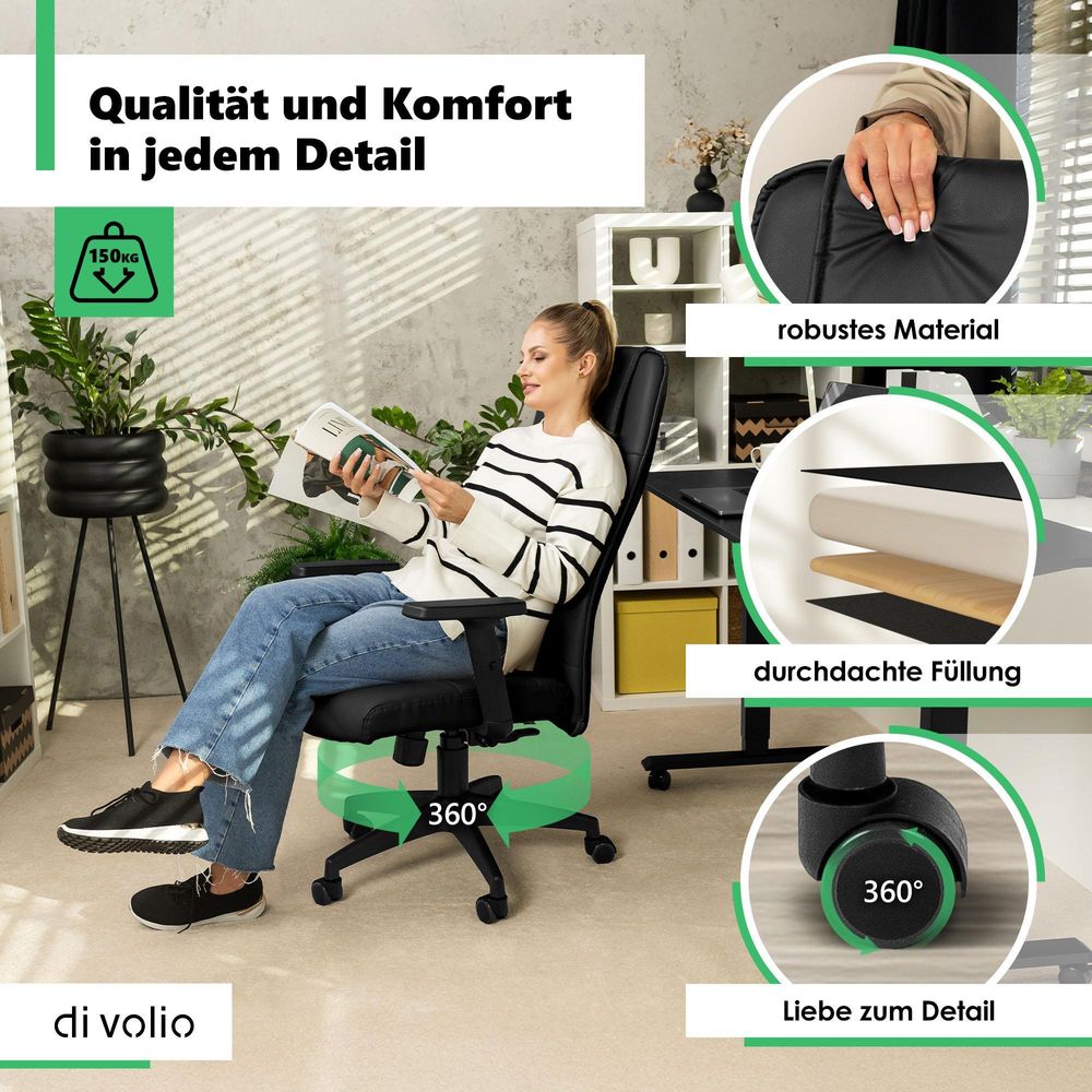 di volio Bürostuhl Adelo Schwarz, ergonomischer Schreibtischstuhl mit Höhenverstellung, max. Körpergewicht 150 kg, Chefsessel auf Lenkrollen