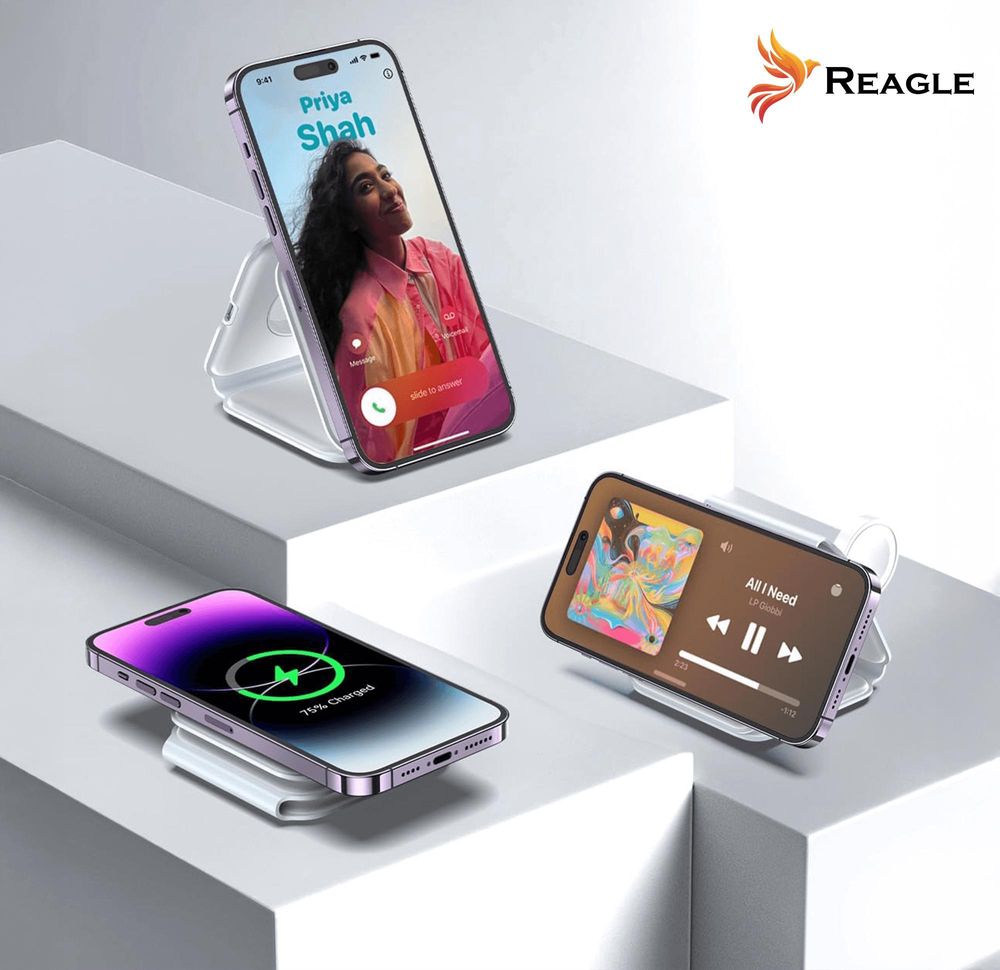 3-In-1 Wireless Ladestation Kabellose Faltbar Induktives Ladegerät Magsafe Qi 15W Kompatibel Mit Apple Iphone 16, 15 Airpods  Smartwatch, Ladeständer Reagle