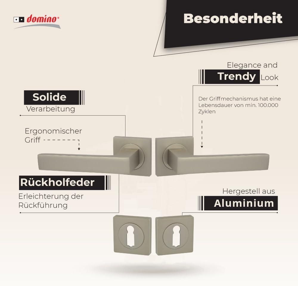 DOMINO Türgriff Drückergarnitur BB-Buntbart Set | mit quadratischen BB Rosetten | Türklinke für Zimmertür, Bürotür, Kellertür & Innentür | Türbeschläge aus Aluminium | Satin Nickel Velvet Türdrückergarnitur| QUBIK-QR M91