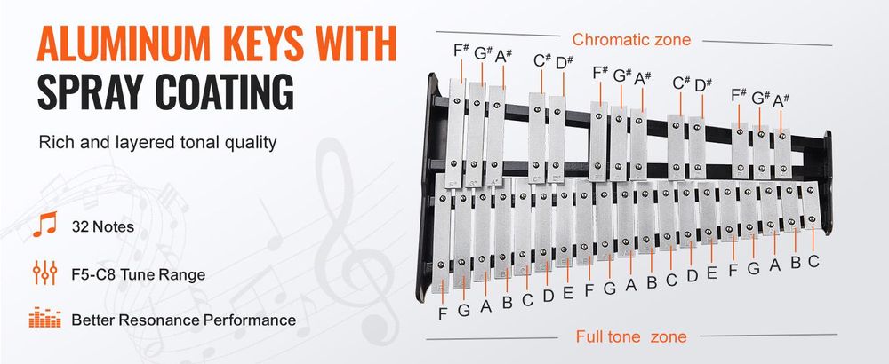 VEVOR Glockenspiel-Xylophon-Set mit 32 Tönen, Schlaginstrumenten-Set mit Schlägeln, Trommelstöcken, Notenständer, verstellbarem Ständer