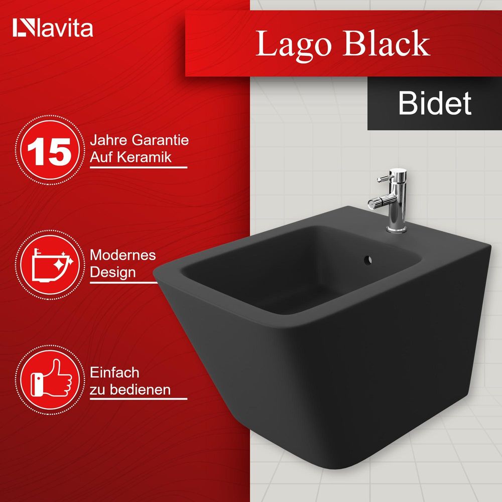 LAVITA Universal Wand-Bidet Lago Black mit Hahnloch und Überlaufschutz aus Keramik | Sitzwaschbecken zur Montage an der Wand | Hygienisch und Pflegeleicht | 34x48,5x32,5 cm |
