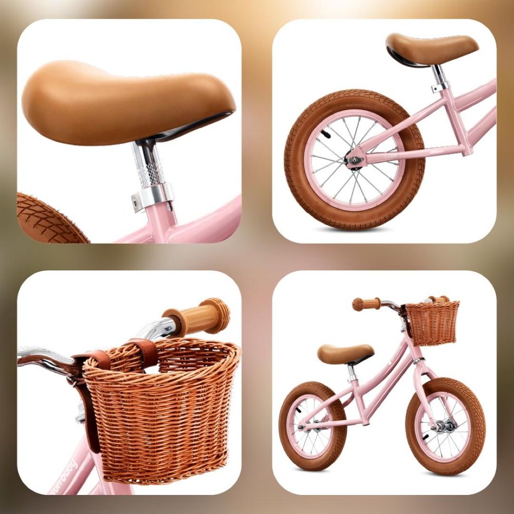 Collage van details: zadel, wiel, stuur met mandje en het frame van de loopfiets