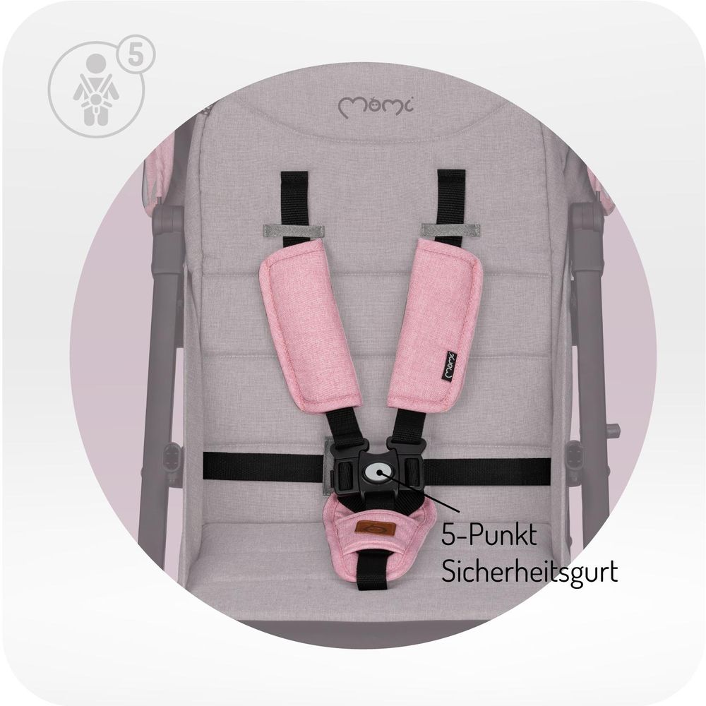 MoMi ESTELLE DAKAR – Ultraleichter Baby Kompaktbuggy mit XL-Rädern, Einhand-Faltung & Trolley-Funktion, inkl. Zubehör, ideal für Reisen – Grau/Rosa
