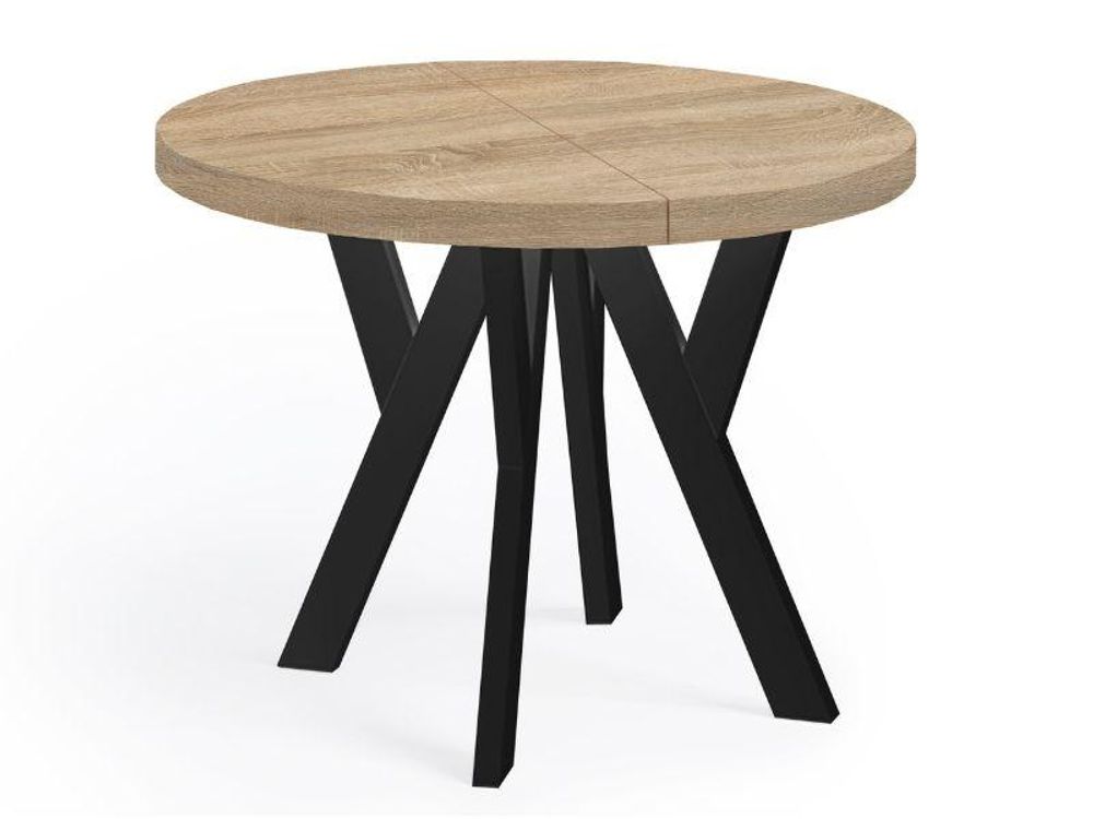 Runder Ausziehbarer Tisch für Esszimmer, PERO, Loft-Stil, Skandinavische, Durchmesser: 110 / 160 cm, Farbe: Eiche Sonoma / Schwarz