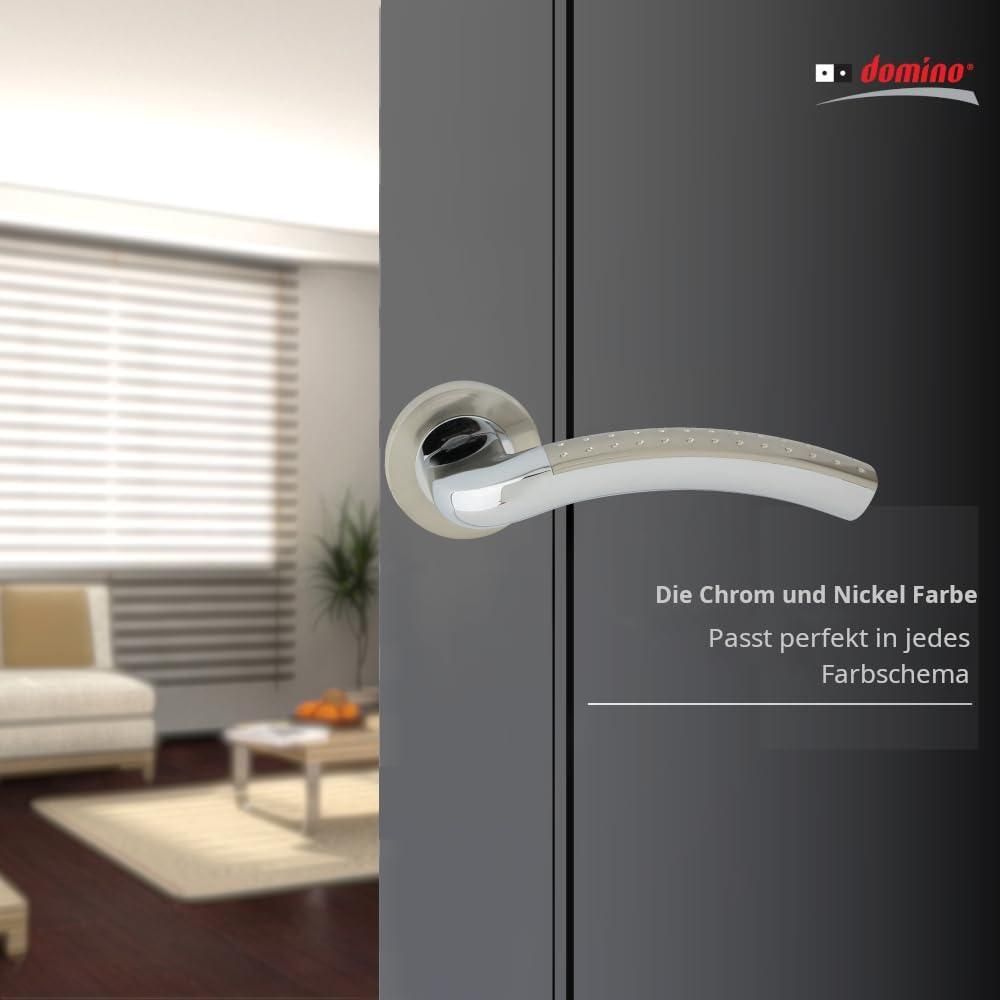 DOMINO Türgriff Drückergarnitur | Türklinke für Zimmertür, Bürotür, Kellertür & Innentür | Türbeschläge aus Aluminium | Chrom/Nickel Türdrückergarnitur| SHARON-R M6/M9