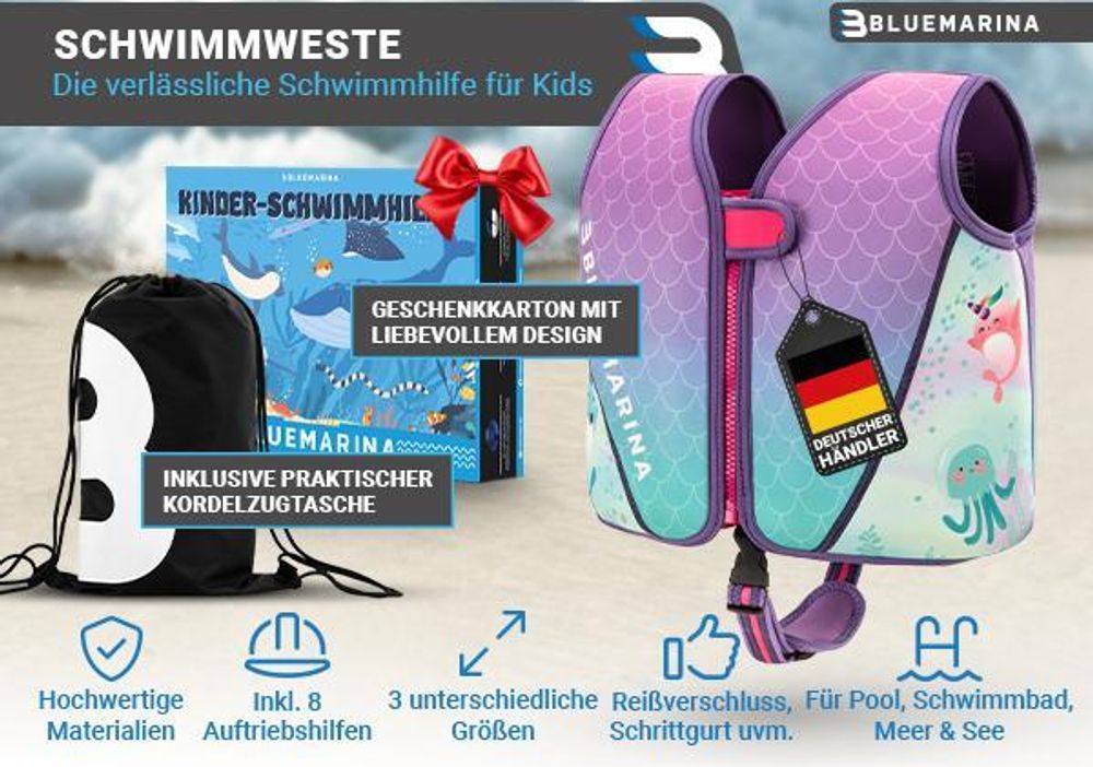 Bluemarina Kinder Schwimmhilfe | UV-Schutz - Schrittgurt - Neopren Weste - Auftrieb EPE-Schaum - Doppelnaht - Für Jungen und Mädchen (Mermaid S)