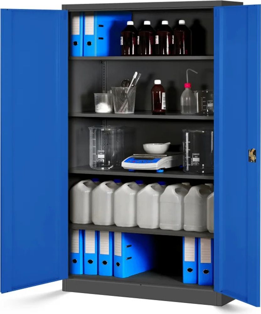 Büroschrank Aktenschrank XXL Metallschrank Flügeltüren Stahlblech Pulverbeschichtung 185 cm x 115 cm x 40 cm Farbe: Anthrazit-blau