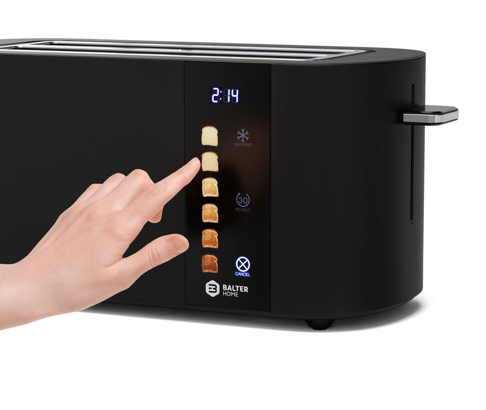 Balter Toaster 4 Scheiben, Edelstahl, Langschlitztoaster mit Brötchenaufsatz, 1400W, LCD Display, Defrost-/Aufwärmfunktion, Krümelschublade, Schwarz
