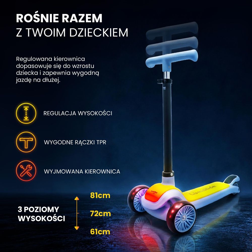 Manubrio regolabile del monopattino SUN BABY con tre diverse altezze.