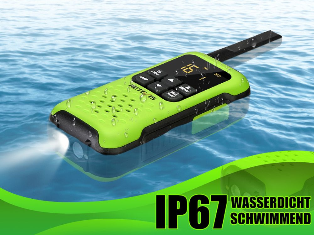 Retevis RT649P Walkie Talkie Wiederaufladbar, Wasserdichter IP67-Schwimmer, PMR 446, 16 Kanäle Lizenzfrei, LED-Taschenlampe, CTCSS/DCS VOX, Walkie Talkie-Headset für Rettung(2 Paar, Grün)