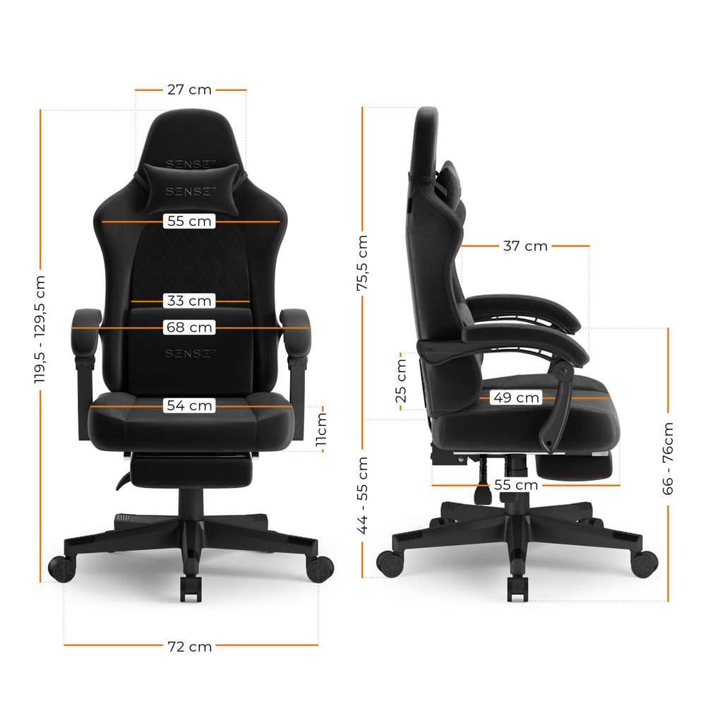 SENSE7 Devon Gaming Stuhl Stoff Schwarz - Ergonomischer Bürostuhl mit Fußstütze PC Schreibtischstuhl Zockerstuhl Alcantara 120 kg