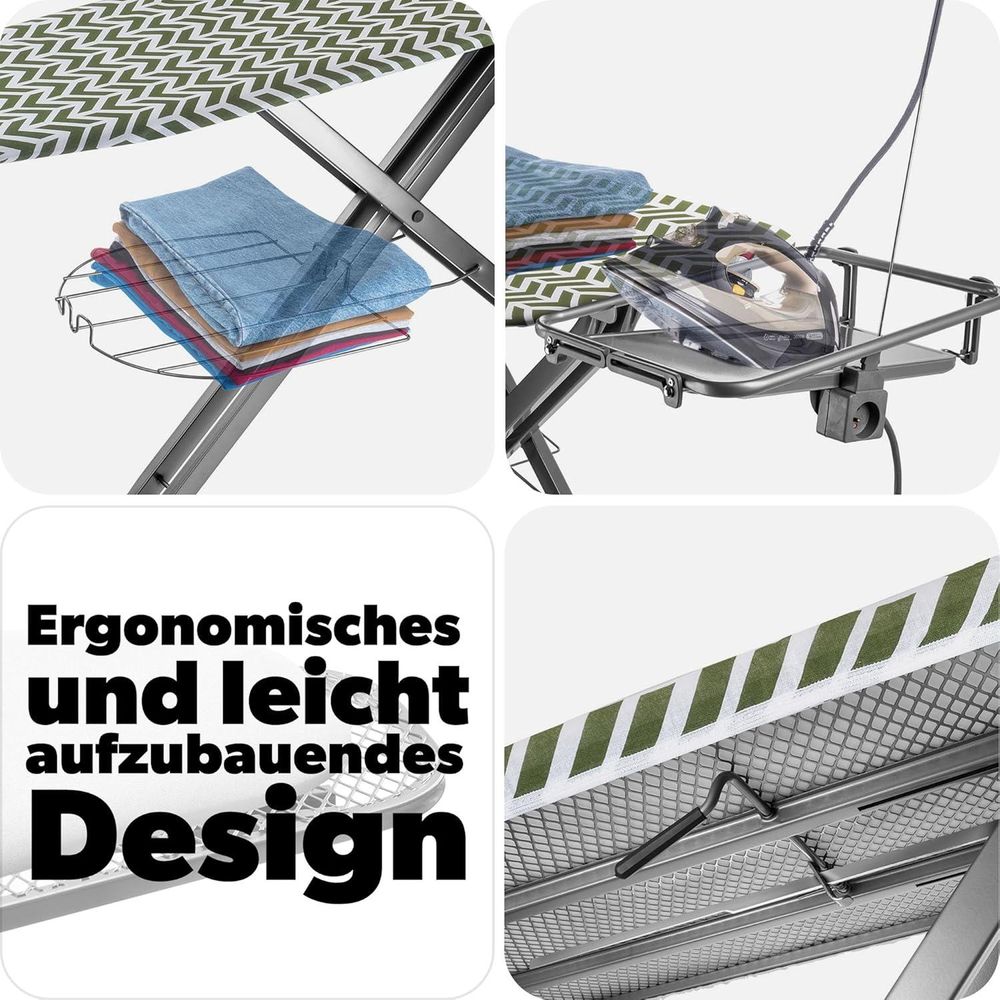 KADAX Bügelbrett mit Steckdose "Aleglo", Bügeleisenablage und Ärmelbügeltisch, 130cm, Grün