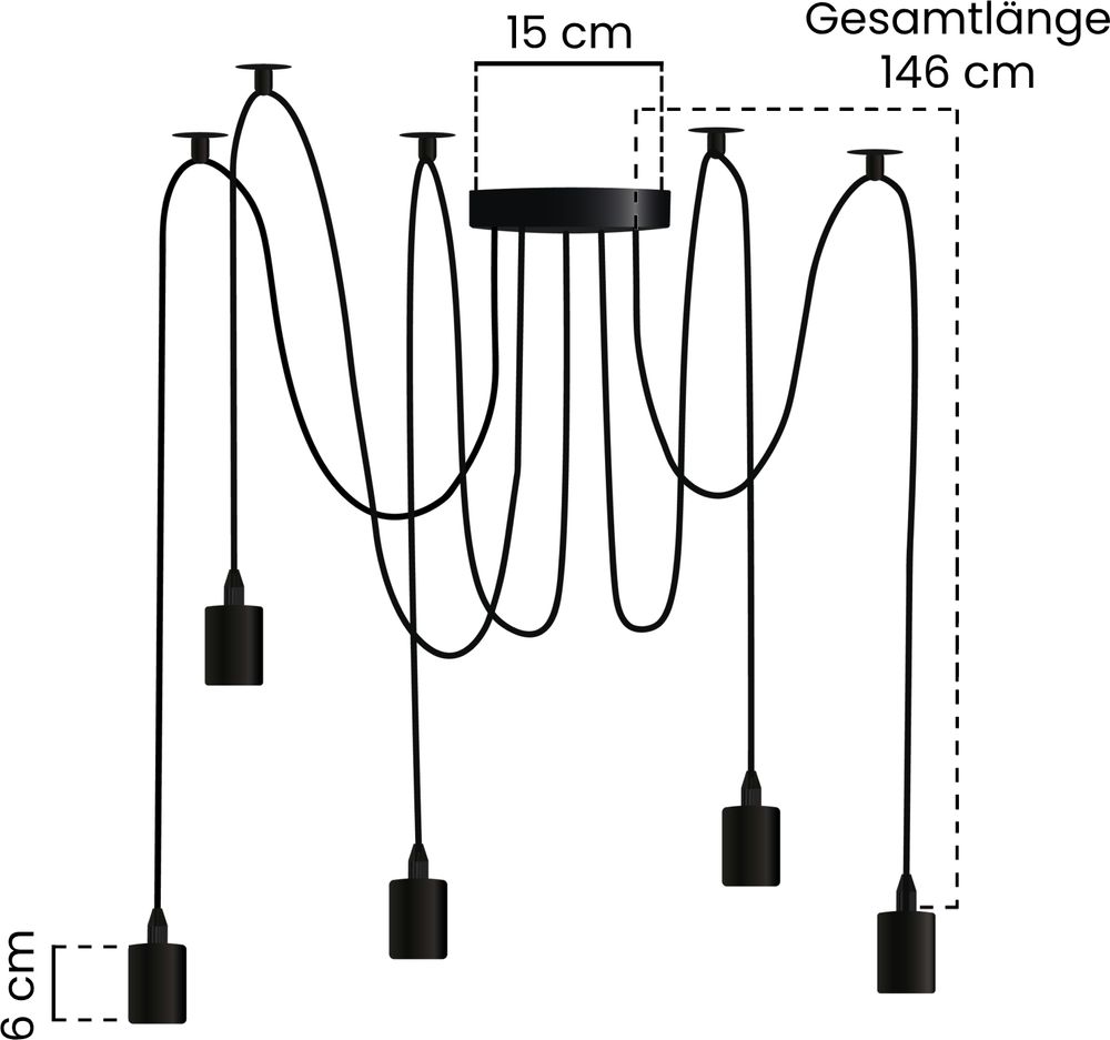 LUMILED Pendelleuchte Hängeleuchte kreativ Kronleuchter Spinne Deckenleuchte Vintage E27 Fassung LED schwarz Metall höhenverstellbar (5 flammig)
