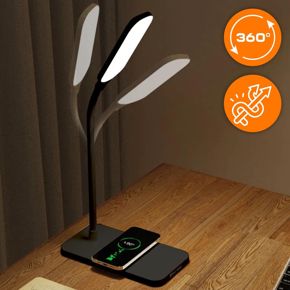 LED Schreibtischlampe Schwarz mit 15W Induktionsladegerät, Touch-Steuerung & 3 Lichtmodi, Nachttischlampe für Kinder & Büro, EVI TECH Qi Ladestation