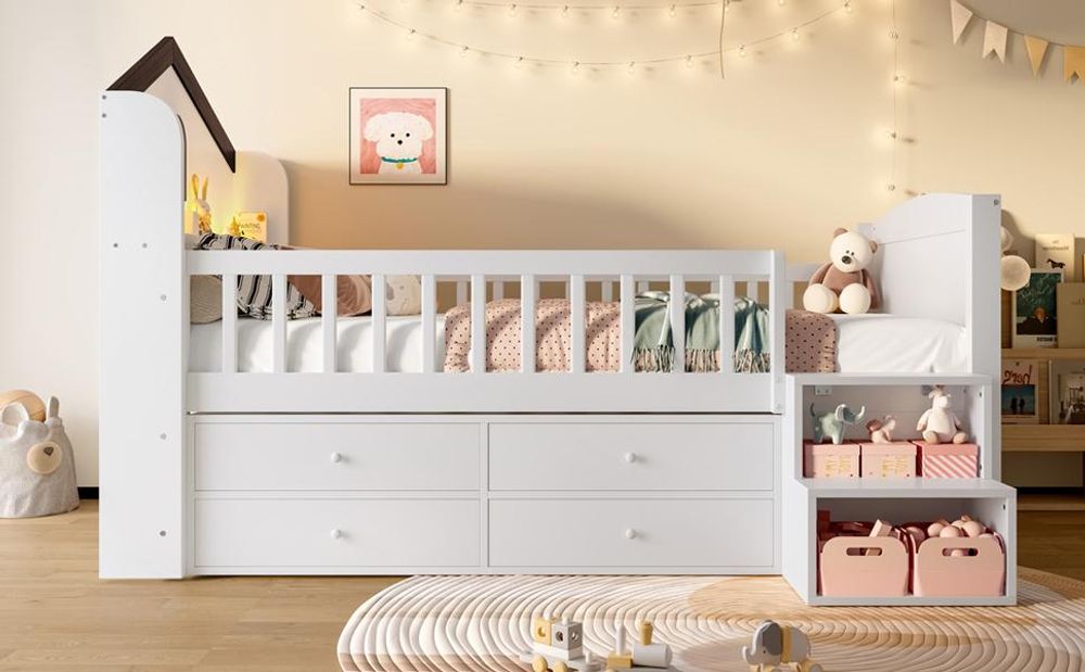 Merax Kinderbett 90x200cm, Hausform Halbhohes Etagenbett, mit LED Beleuchtung, 4 Schubladen, Regal, Hoher Zaun, Jugendbett, Hochbett, Massivholz, Weiß