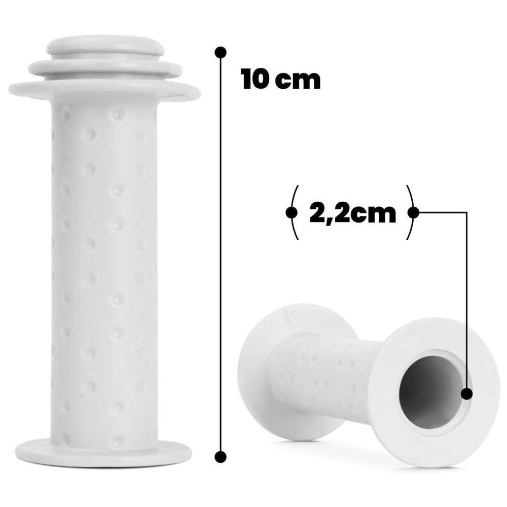Maßangaben des weißen Fahrradgriffs: 10 cm Länge, 2,2 cm Durchmesser