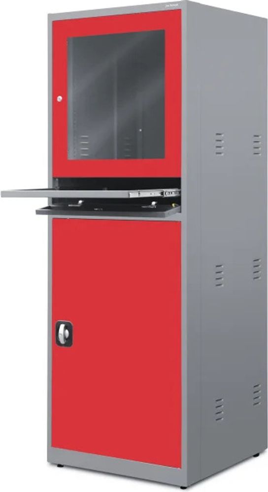 Computerschrank Industrieschrank PC Schrank EDV-Schrank Computer Workstations Sekretäre Metallschrank Lagerschrank mit Schublade Abschließbar 175 cm x 64 cm x 63 cm, Farbe: Anthrazit/Rot