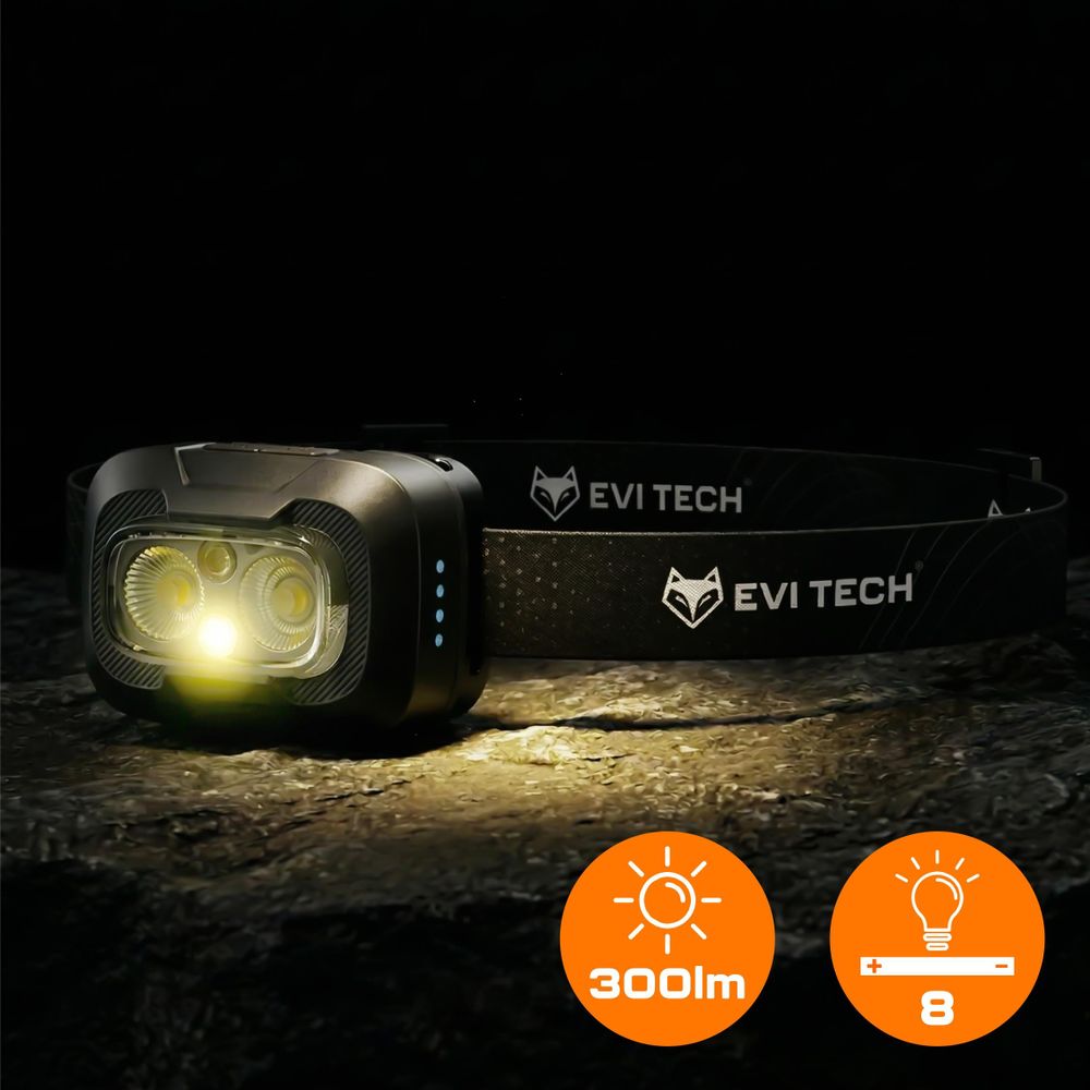 EVI TECH WaveBeam 300 LED Stirnlampe Schwarz Akku USB-C Bewegungssensor 300lm Wasserdicht IP55 Kopflampe mit Rotlicht Outdoor Laufen Camping