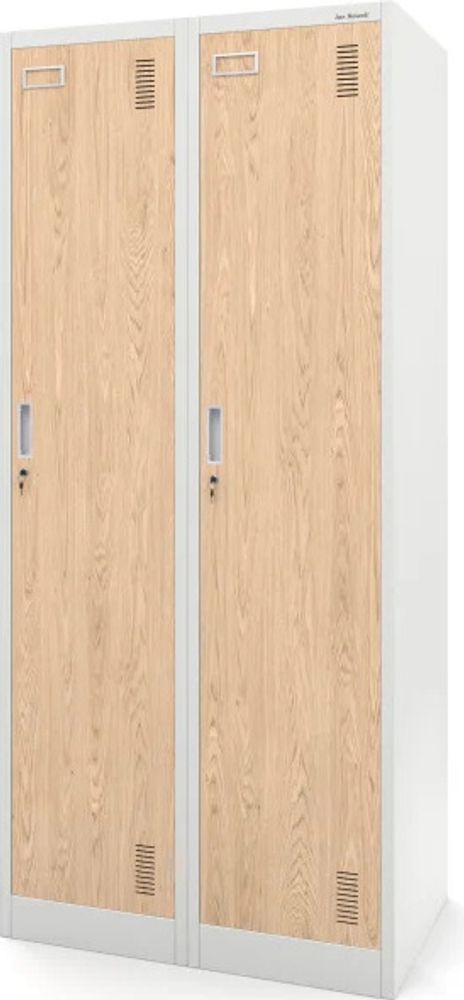 Stahlspind Garderobenschrank Spind Kleiderspind Doppelspind 2 Abteile Flügeltüren Trennwand Pulverbeschichtung 180 cm x 80 cm x 50 cm (H x B x T) Farbe: Weiß-Holzoptik