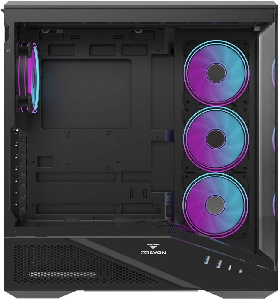 PREYON Nest Seaview Gaming PC Gehäuse ATX ARGB - Gehärtetes Glas Panorama-Design USB-C 360 mm AIO Wasserkühlung Effiziente Kühlung Schwarz Premium