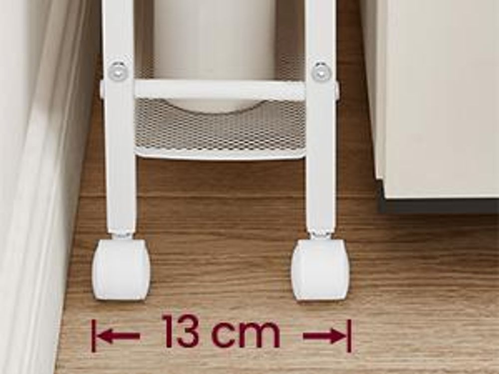 VASAGLE Rollwagen, Nischenregal auf Rollen, mit 4 Ebenen, für kleine Räume, 13cm Tiefe, Weiß