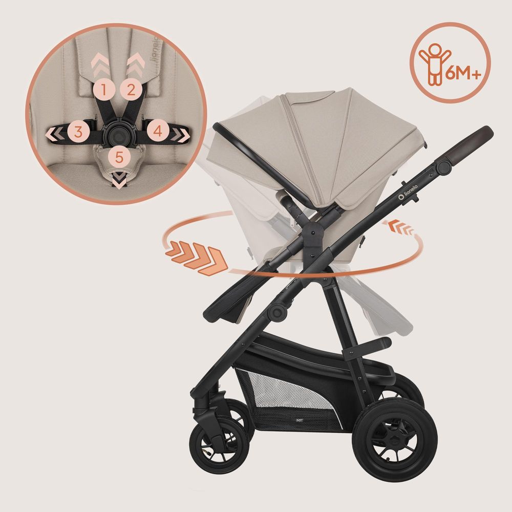 Lionelo Bianka 3in1 Kinderwagen, Autotransporter, Autositz, klappbar, Travel System Rückenlehne verstellbar 360o Räder Polsterung, Verdeck XXL-Beige