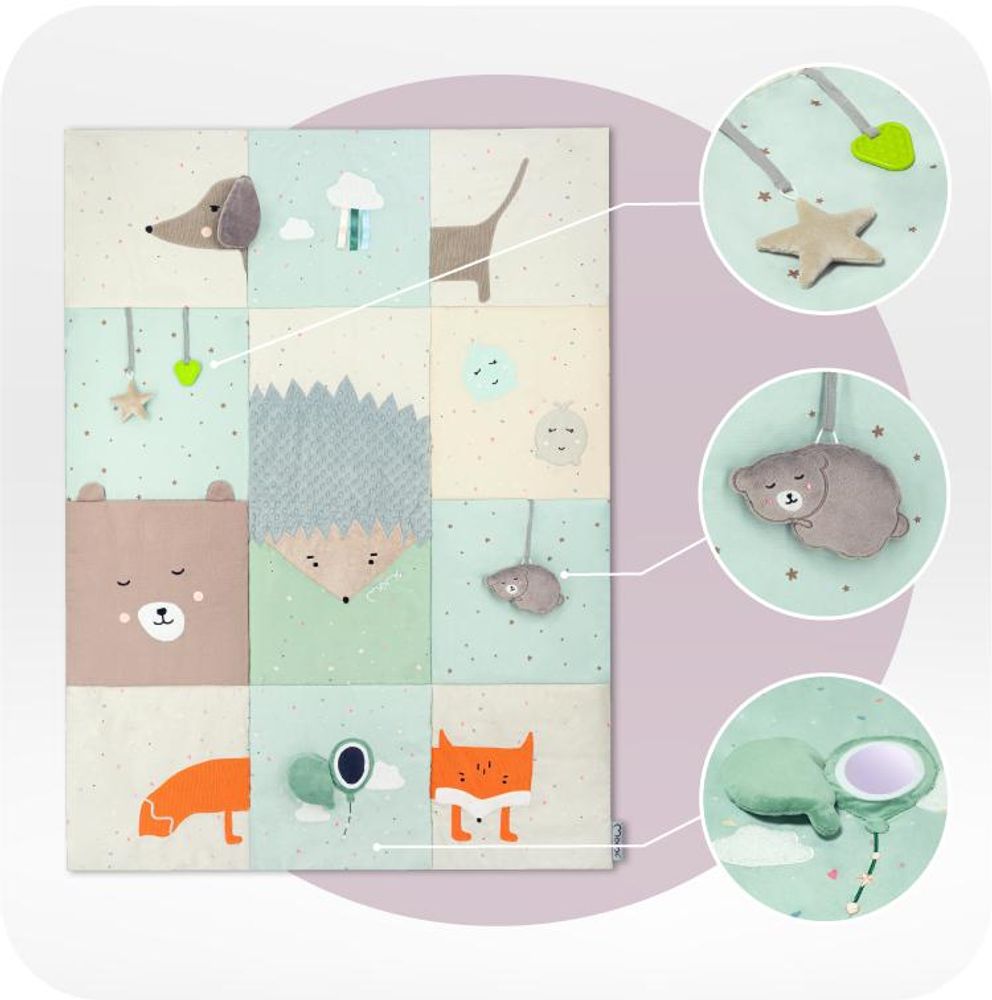 MoMi VOLPI – Baby Activity Spielmatte mit Sensorik-Spielzeug (Spiegel, Rassel, Bänder), faltbar mit Griffen, 120×160 cm – Pastellfarben