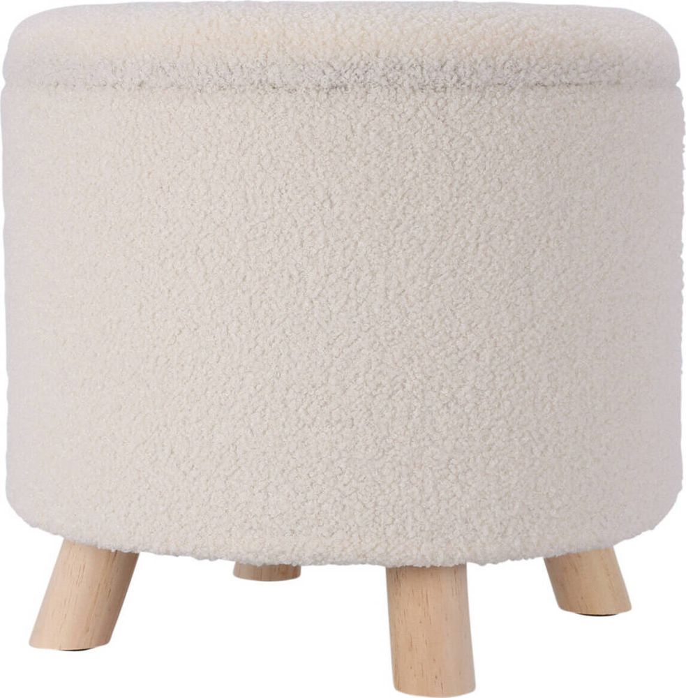 Runder Pouffe mit Stauraum, Teddy-Stoffbezug, Weiß, 40x37cm, Dekorativer Hocker, Vielseitig